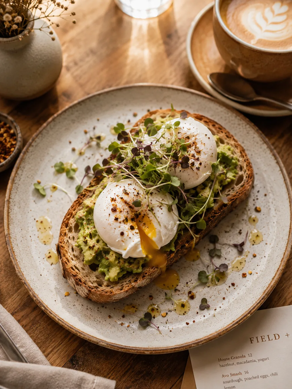 Avo smash with poached eggs on sourdough