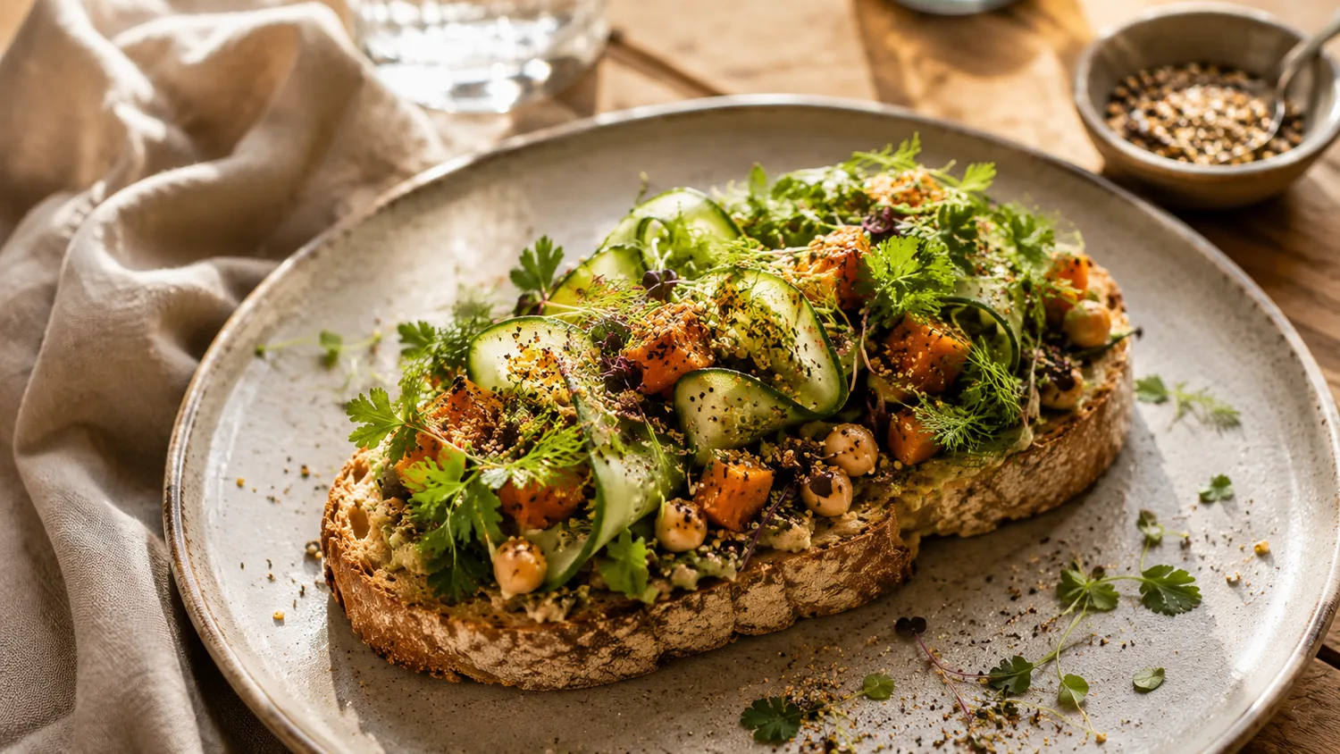 Seasonal open sandwich with herbs and roast squash
