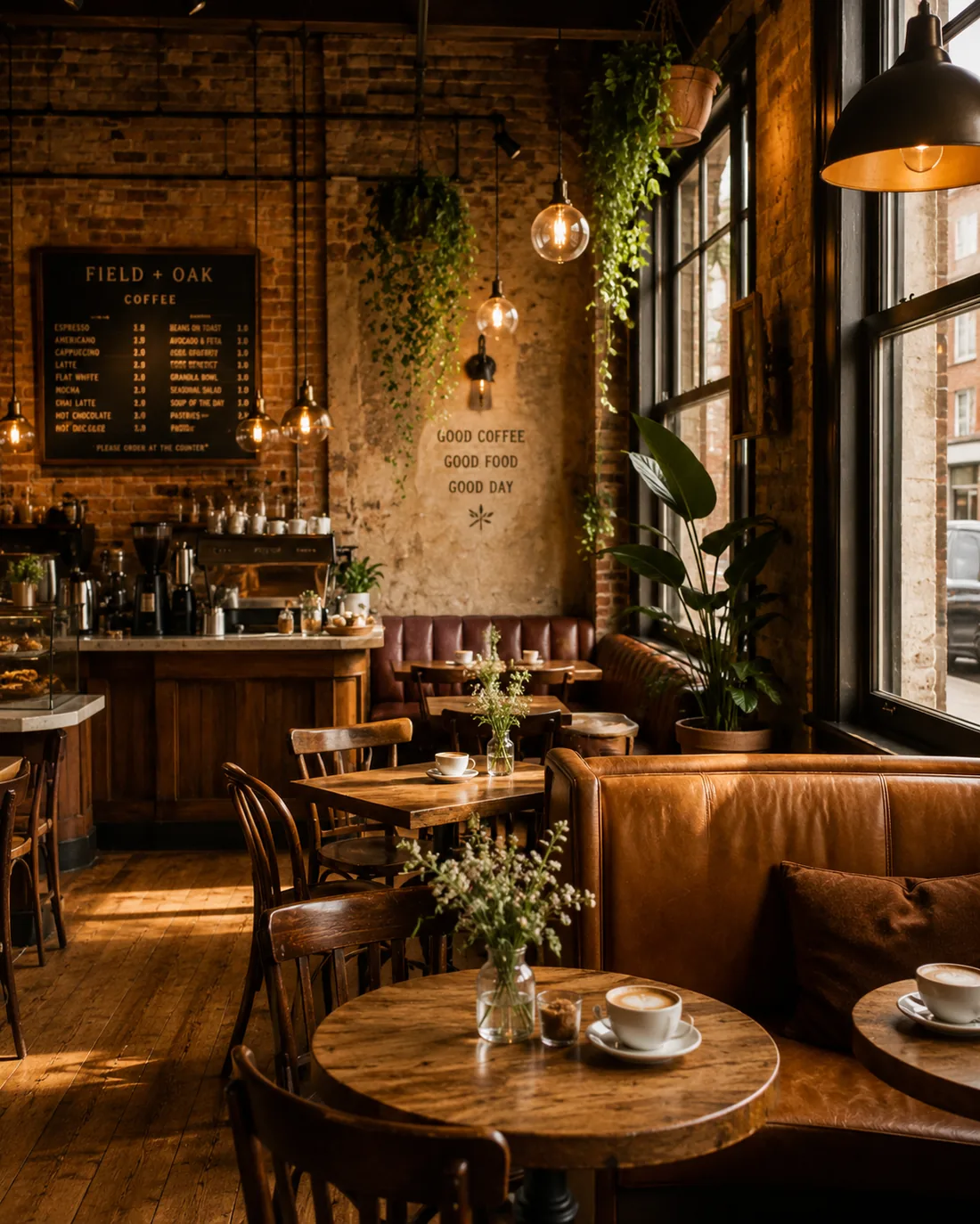 Inside Field + Oak — brick walls, leather booths, hanging plants
