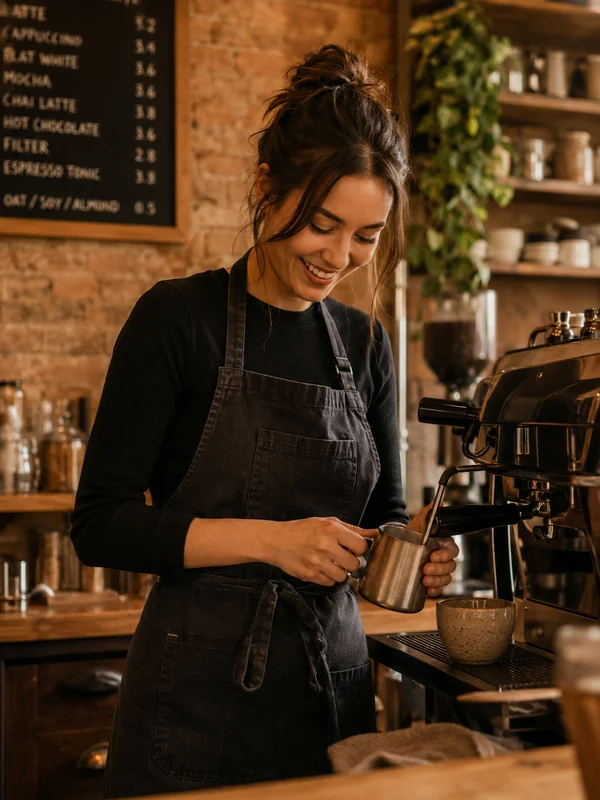 Mara steaming milk at the machine